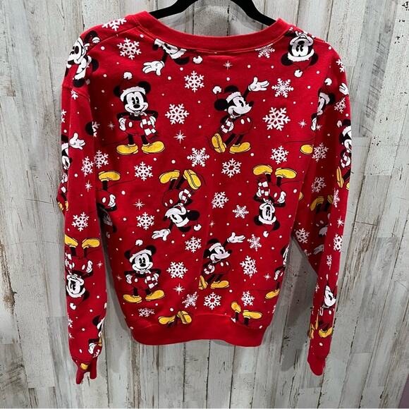 Disney Mickey Mouse Santa Red Christmas Crewneck Sweatshirt Holiday Snowflake - Picture 5 of 5
